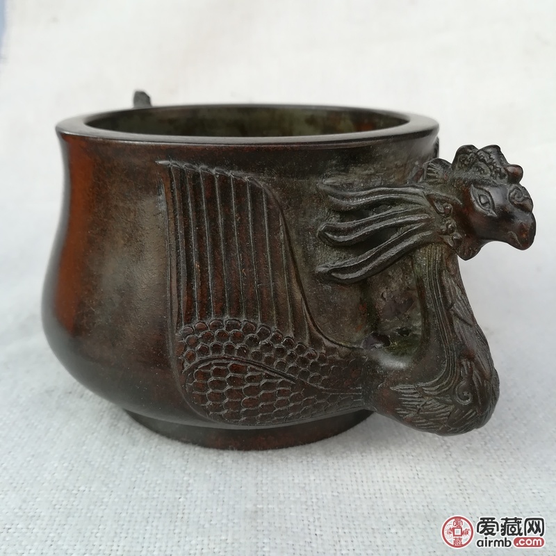 紫铜飞凤首耳香炉<br /><