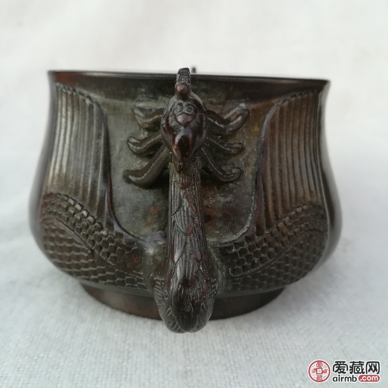 紫铜飞凤首耳香炉<br /><
