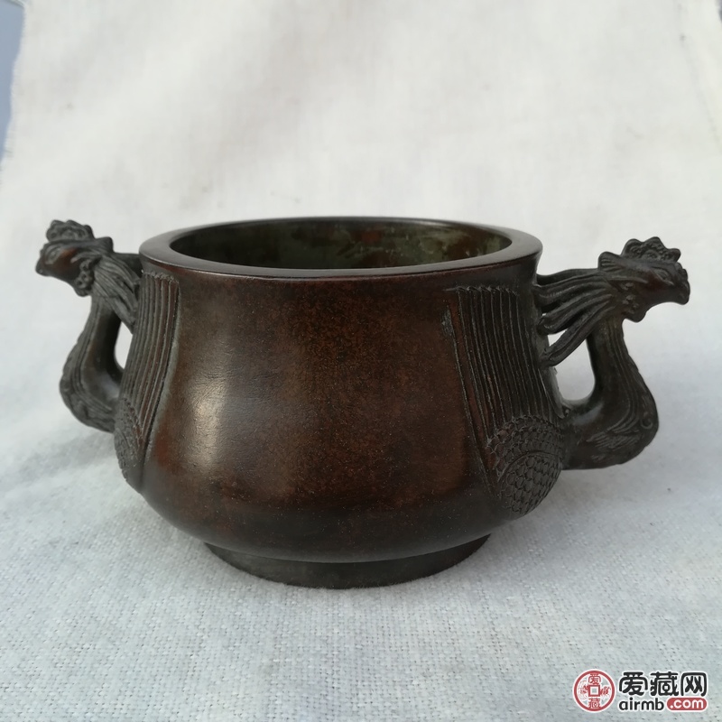 紫铜飞凤首耳香炉<br /><
