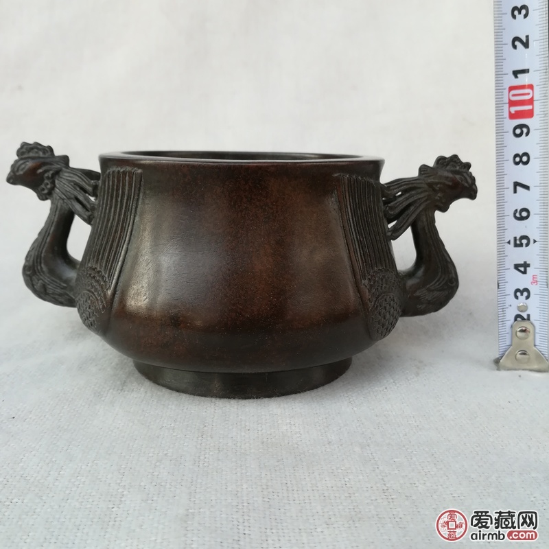 紫铜飞凤首耳香炉<br /><
