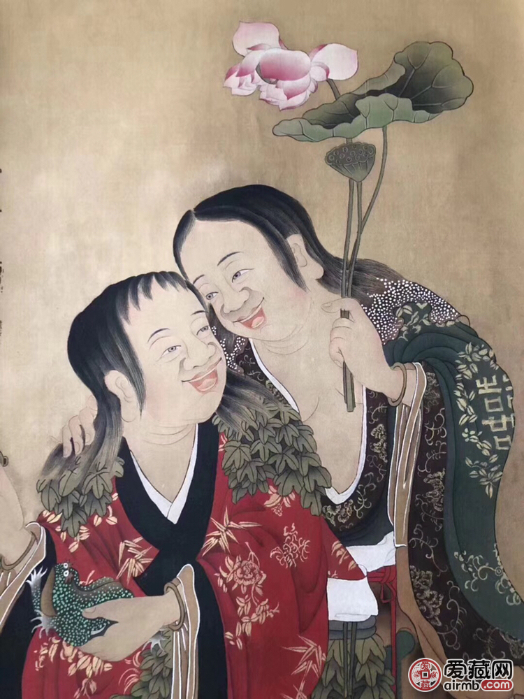 黄慎绢画和合二仙图案精美