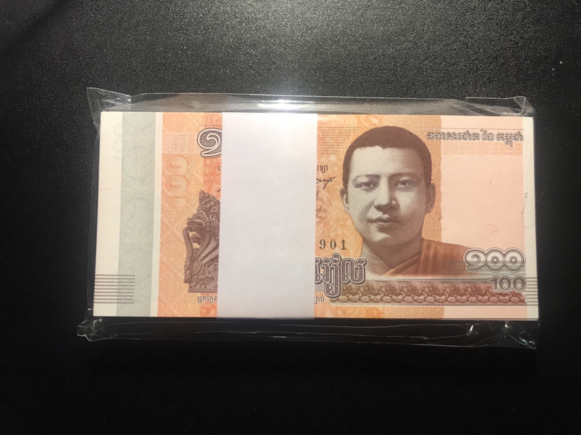 亚洲全新unc柬埔寨100瑞尔纸币整刀一百张连号