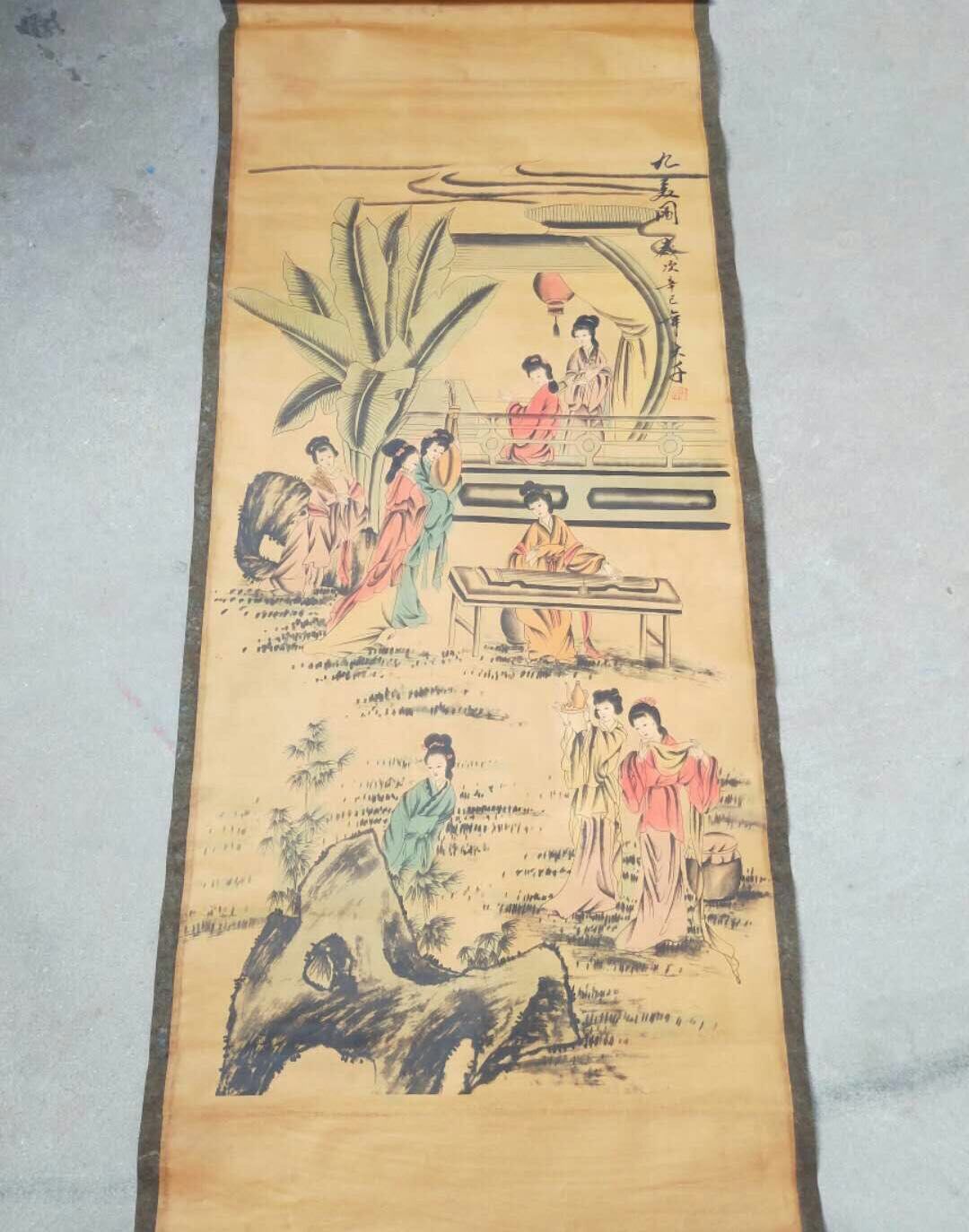 张大千【九美图】老卷轴中堂挂画