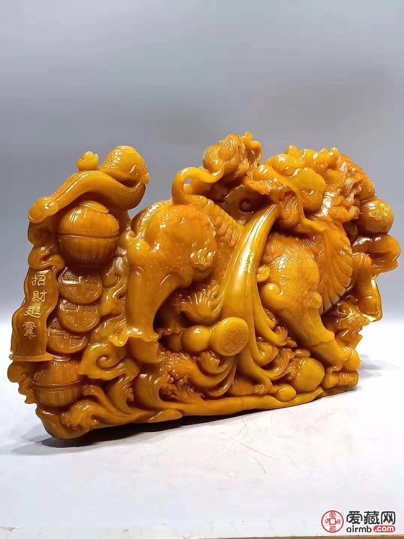 田黄石招财进宝摆件,纯手工雕刻