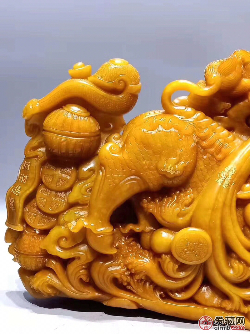 田黄石招财进宝摆件,纯手工雕刻