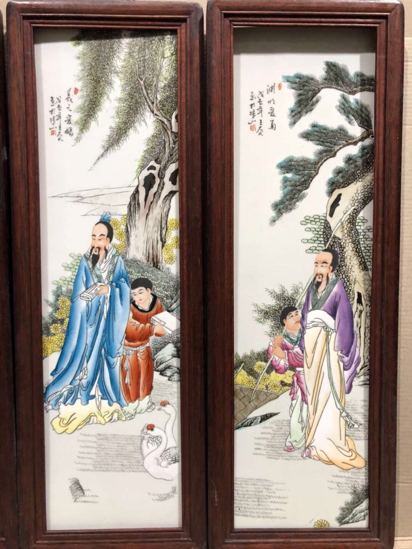 《王大凡》作品红木镶瓷板画四爱图四条挂屏高81宽2