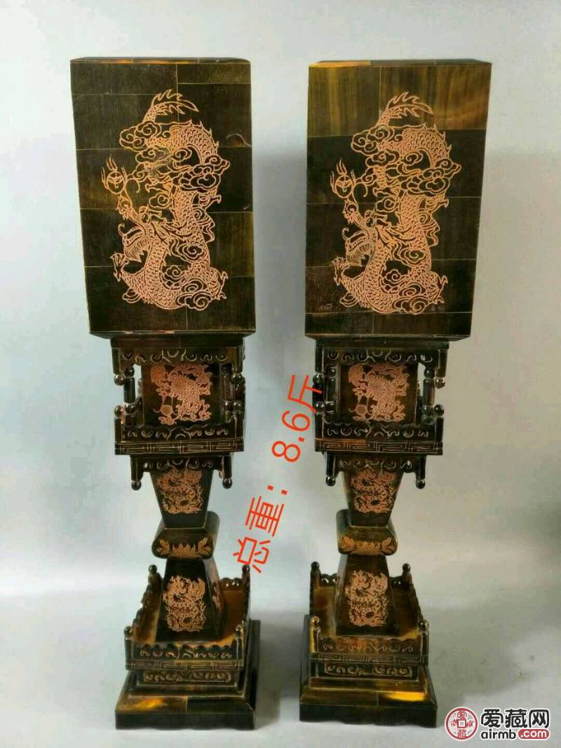 犀牛角宫灯一对，纯手工雕刻，雕