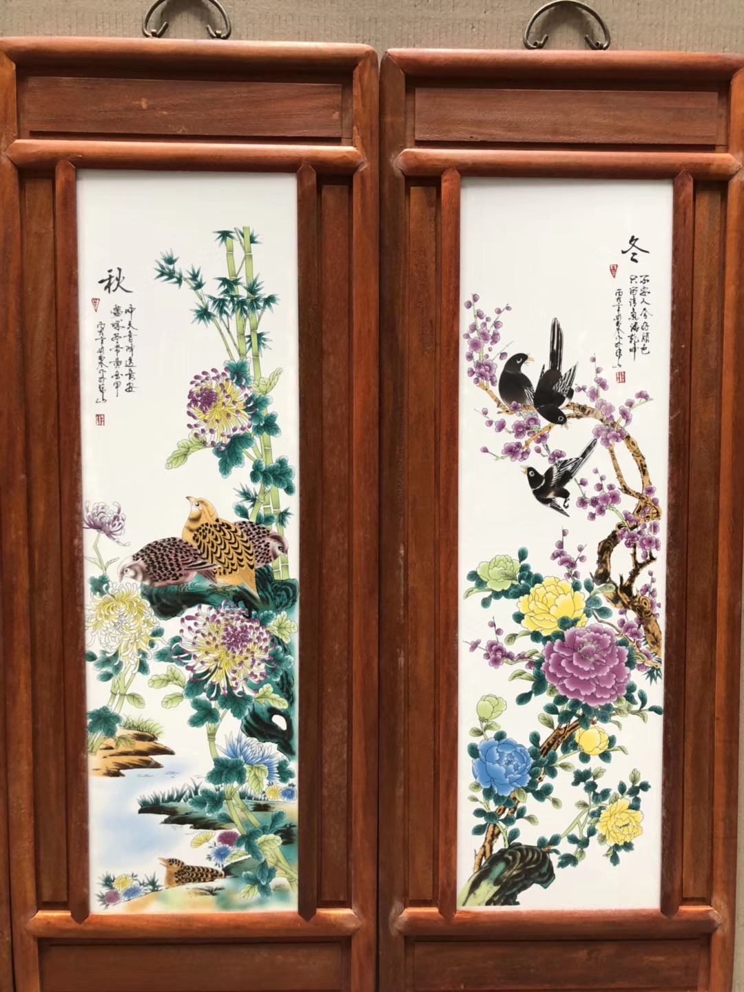 《刘雨岑》作品红木镶瓷板画春夏秋冬高97cm,宽3