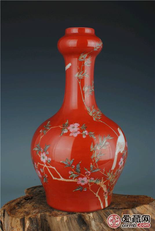 清雍正胭脂红釉花鸟纹蒜头瓶古董古玩古瓷器-价格3300