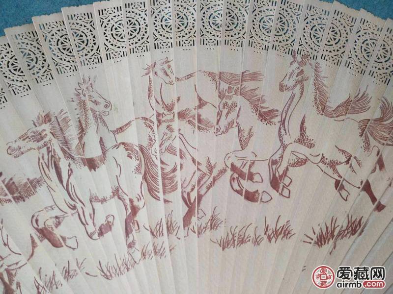 下乡收手绘粉彩松鹤延年扇子摆件