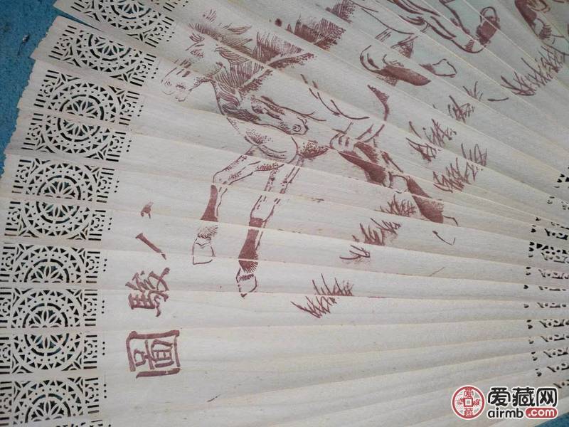 下乡收手绘粉彩松鹤延年扇子摆件