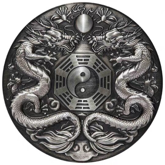 现货图瓦卢2019年双龙戏珠阴阳八卦2盎司高浮雕