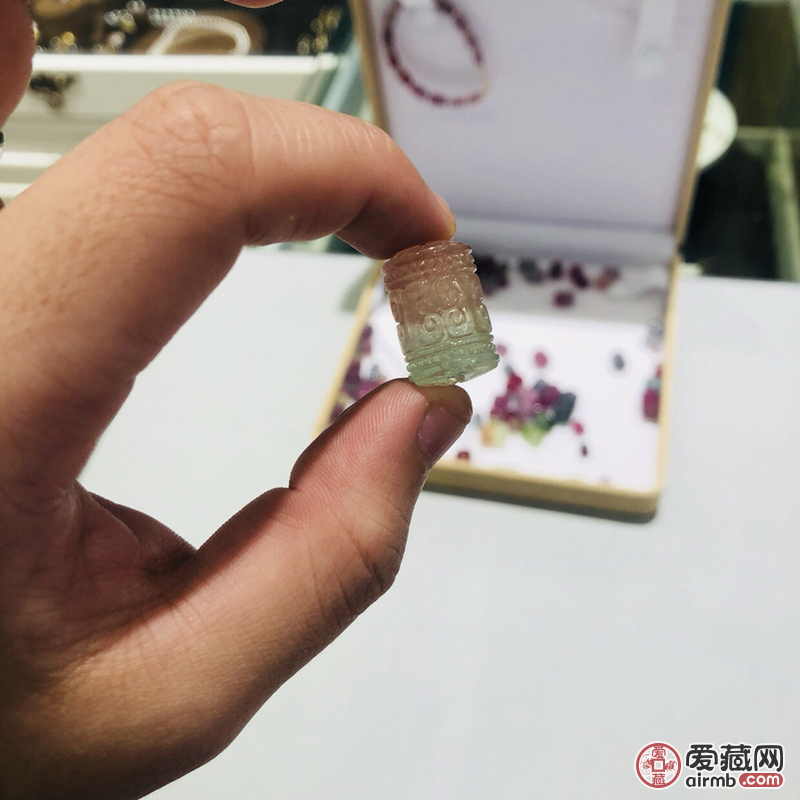 西瓜碧玺回纹珠桶珠，双色西瓜碧