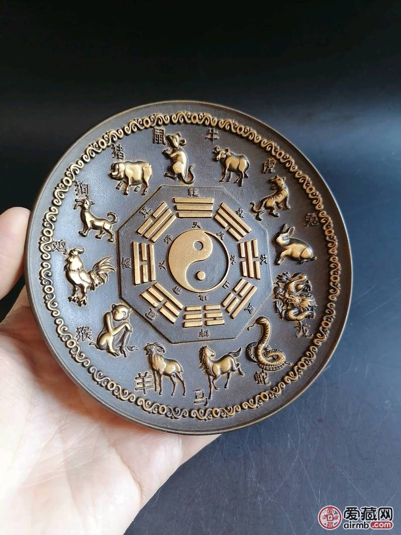 民间收来的紫铜描金十二生肖八卦