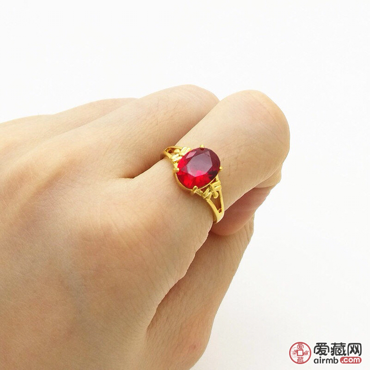 红宝石镀黄金戒指女款沙金镶钻戒