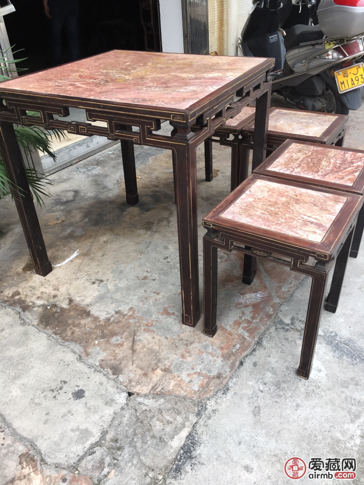 清中期酸枝木镶铜线红云石一台四