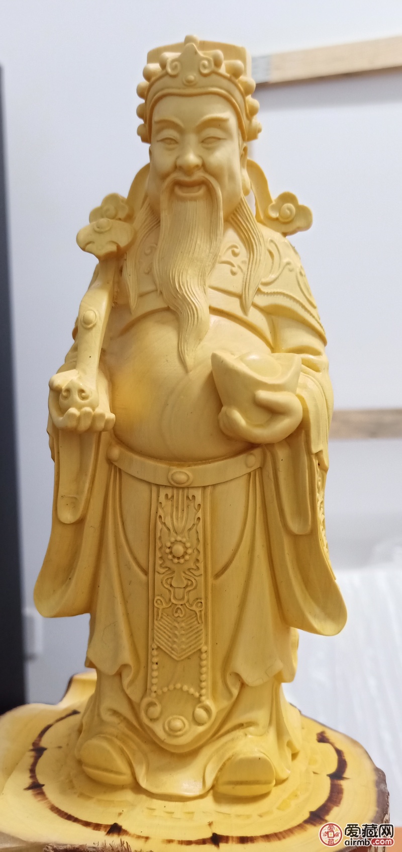 大叶黄杨木整料雕刻财神爷，高2