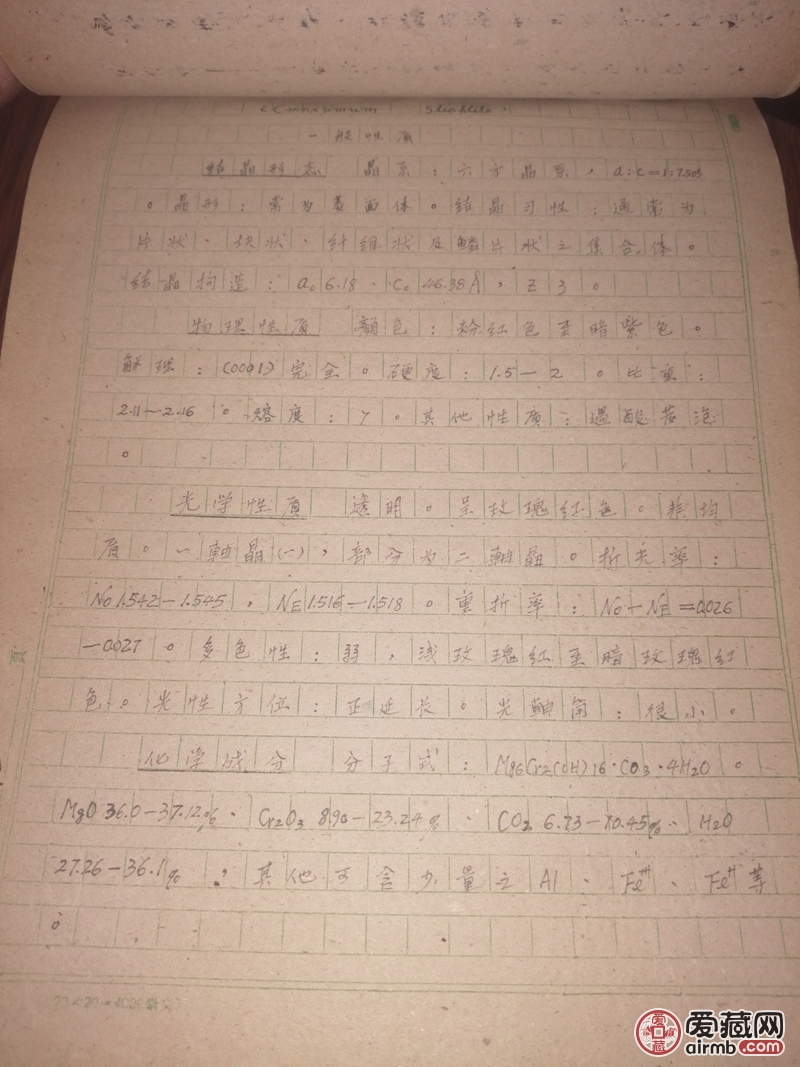 中国矿物汇编手抄本厚一册，全部