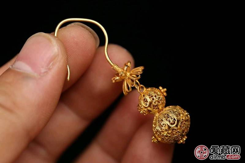 收藏精品！清 银鎏金花丝葫芦耳