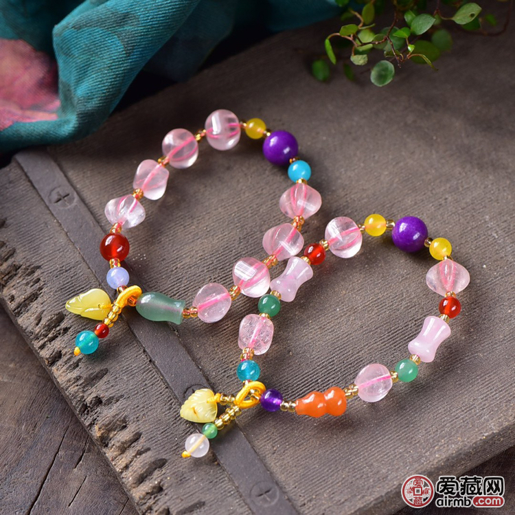 天然粉水晶多宝单圈手链，DIY