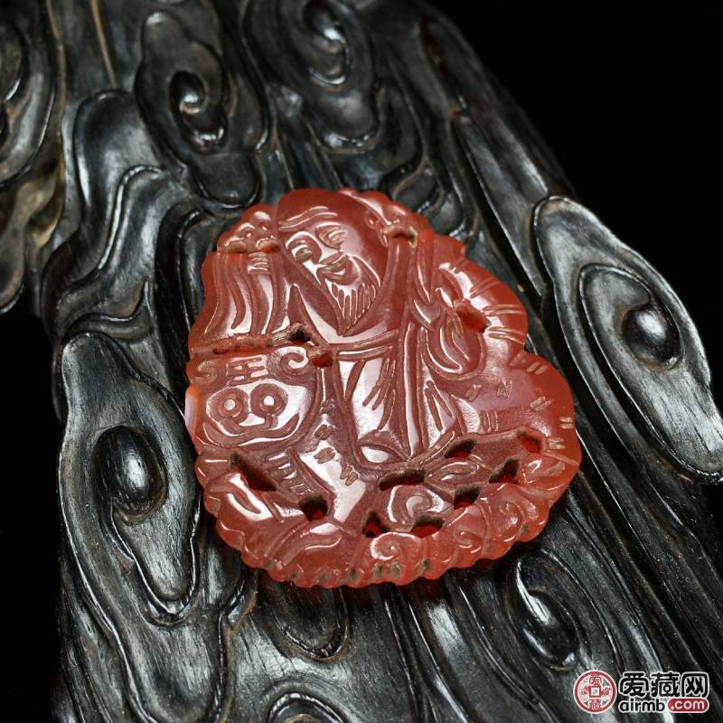 天然红玛瑙镂雕福寿如意人物玉珮