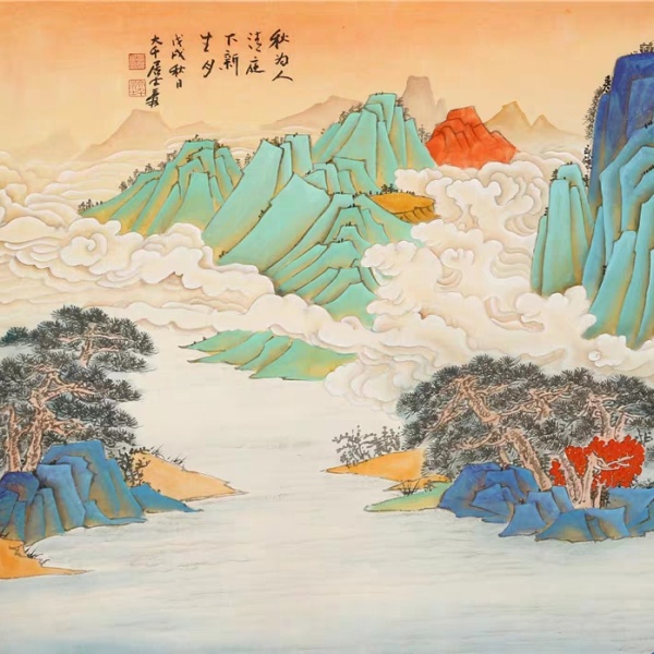 张大千国画手绘四尺横幅精品工笔青绿山水画古玩装饰收