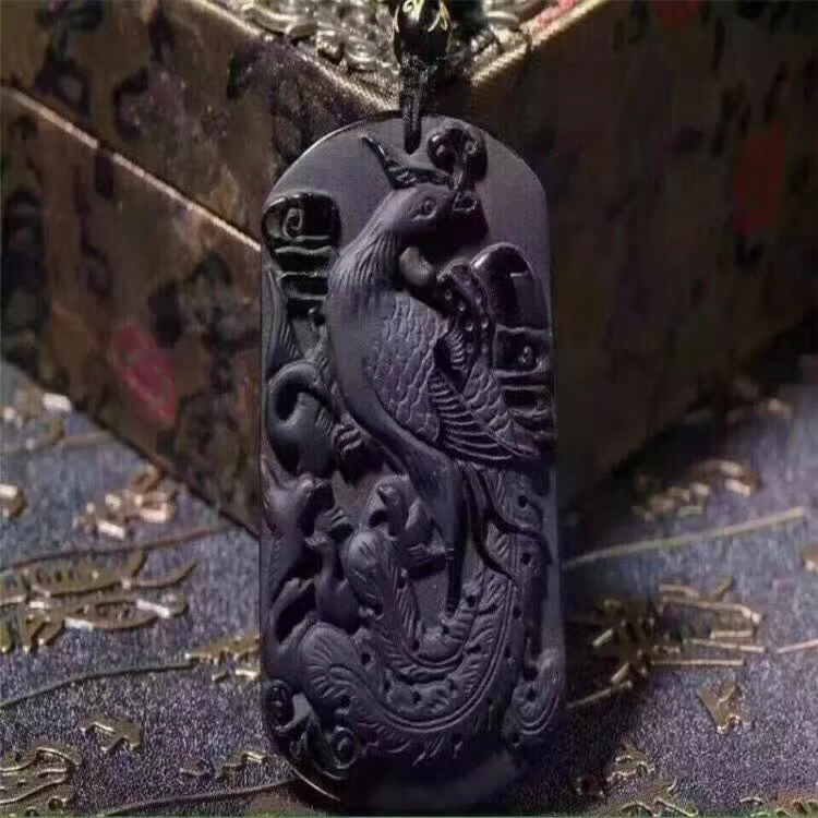 天然黑曜石朱雀献瑞凤鸣金山吊坠