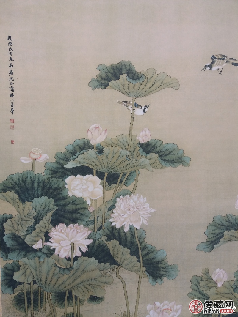 沈铨【荷花鸳鸯】绢布卷轴画一幅,工艺精