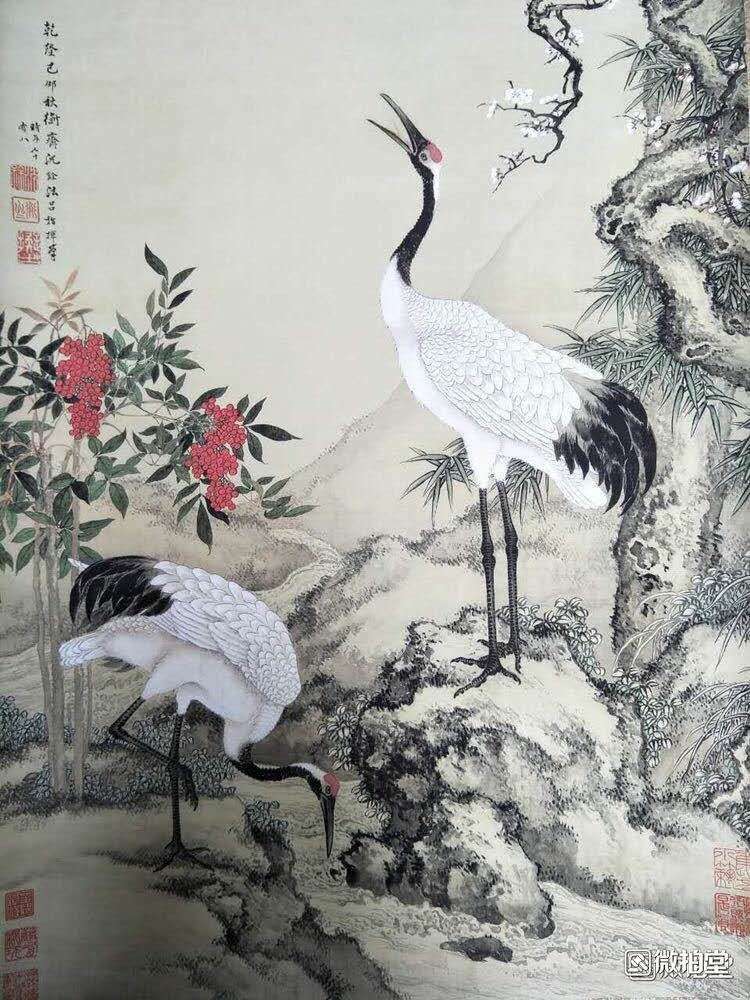沈铨款作品【松梅双鹤图】卷轴字