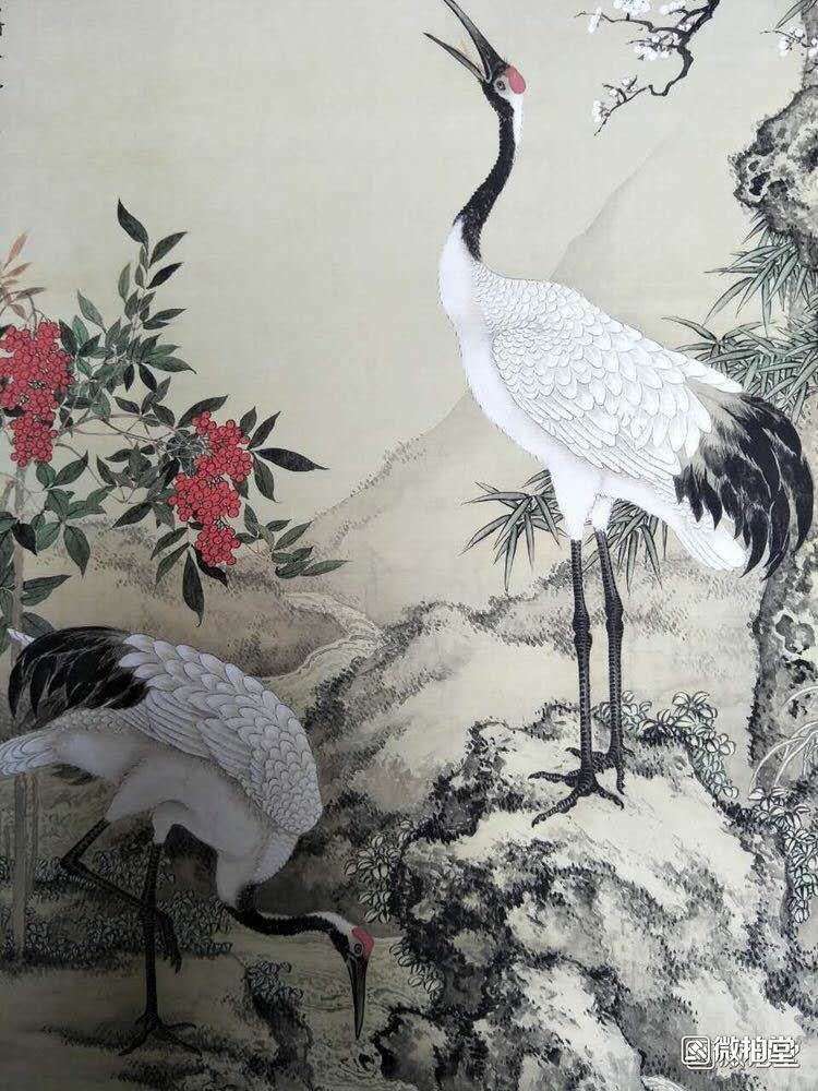 沈铨款作品【松梅双鹤图】卷轴字