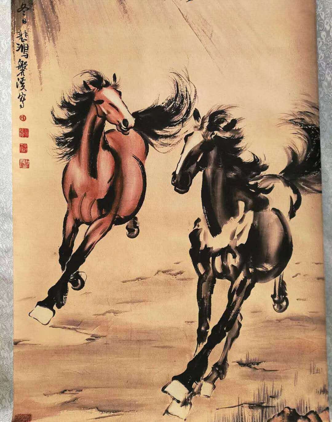 新品来袭徐悲鸿双马图中堂画一幅名家作品此画