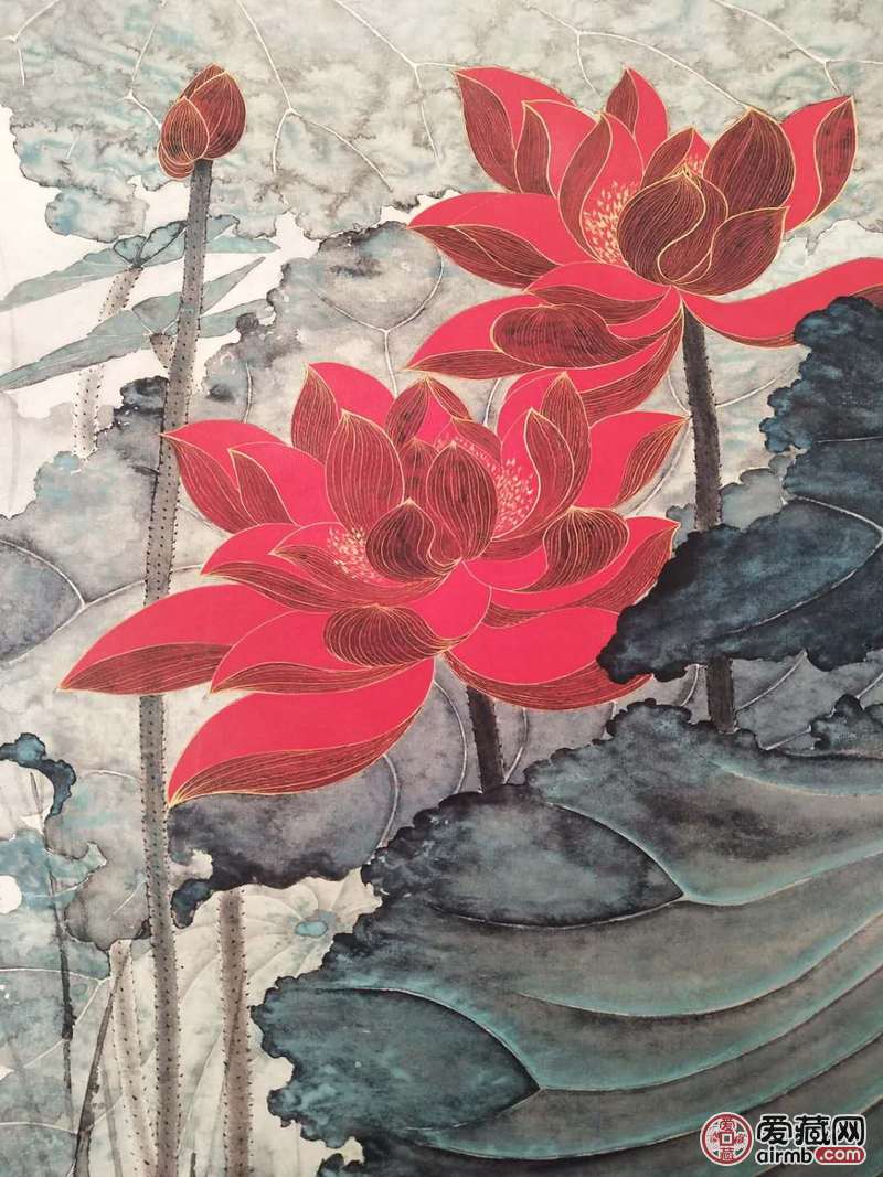 张大千《金线荷花》宣纸卷轴挂画中堂画,宽约0.6米