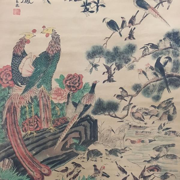 民国馆藏,林良款作品百鸟朝凤老旧宣纸卷轴字画一