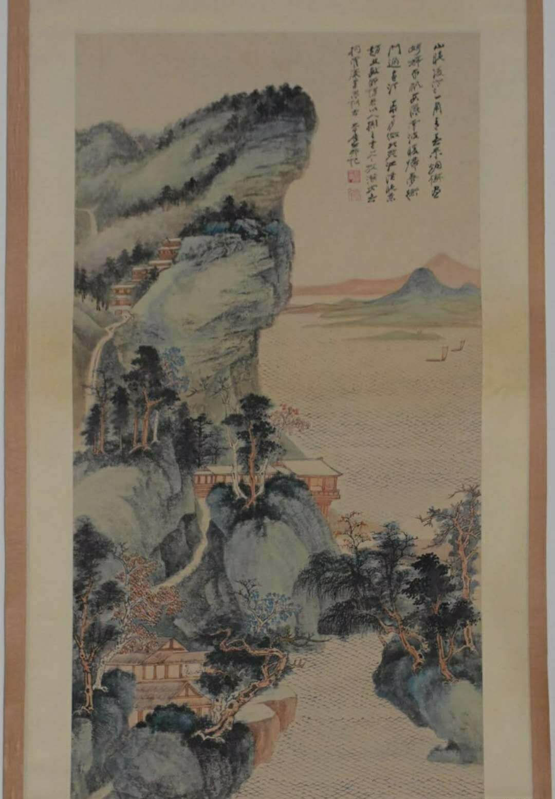 张大千《江堤晚景》宣纸卷轴挂画