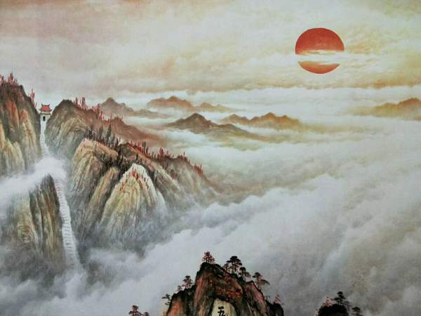 泰山日出,落款周争辉作品画,装饰宣纸横幅精品画,帛