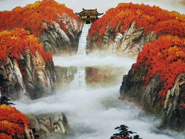 泰山日出,落款刘继伟作品,装饰宣纸横幅精品画,帛绸