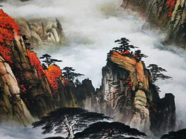 泰山日出,落款刘继伟作品,装饰宣纸横幅精品画,帛绸