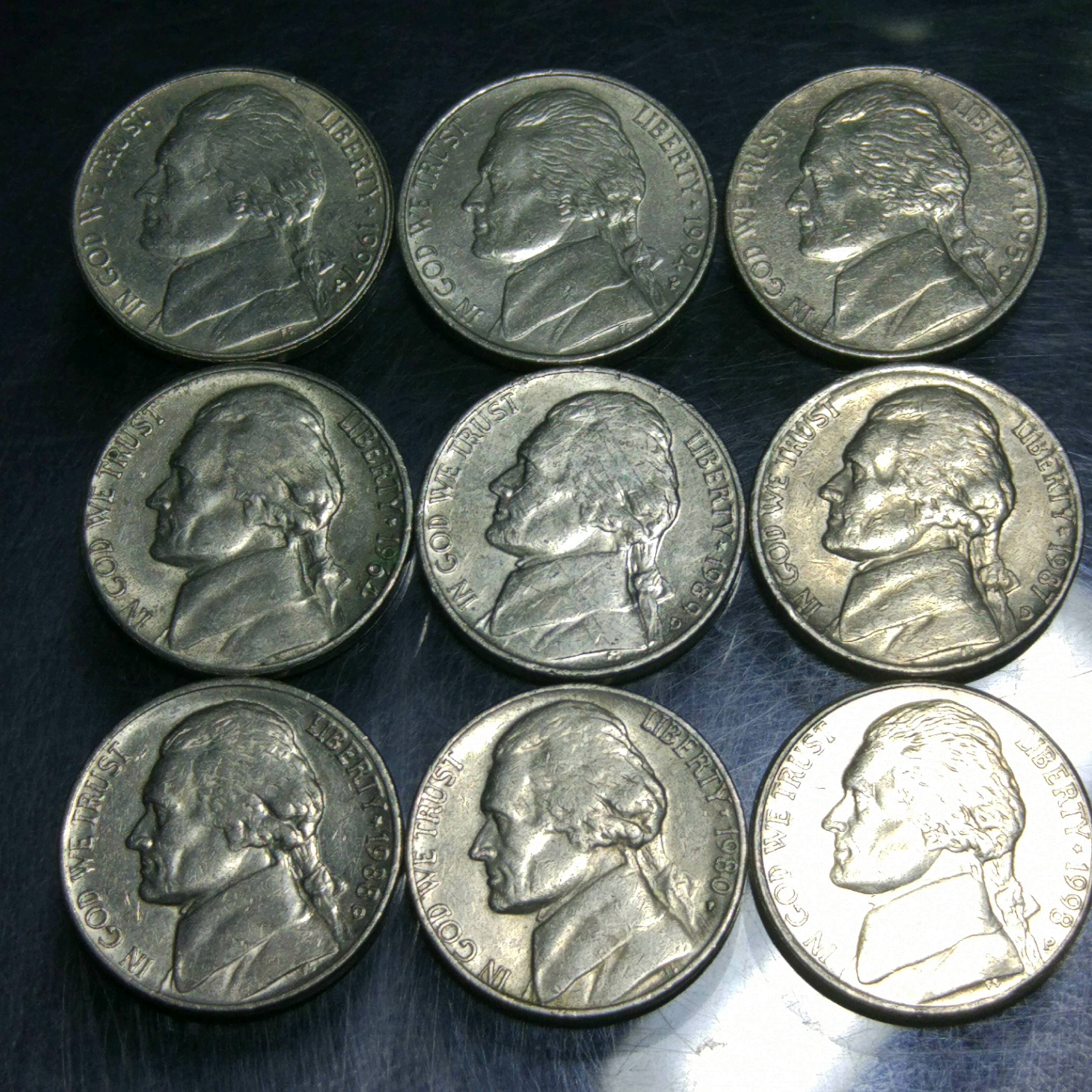 0元起拍,美国5美分硬币一组9