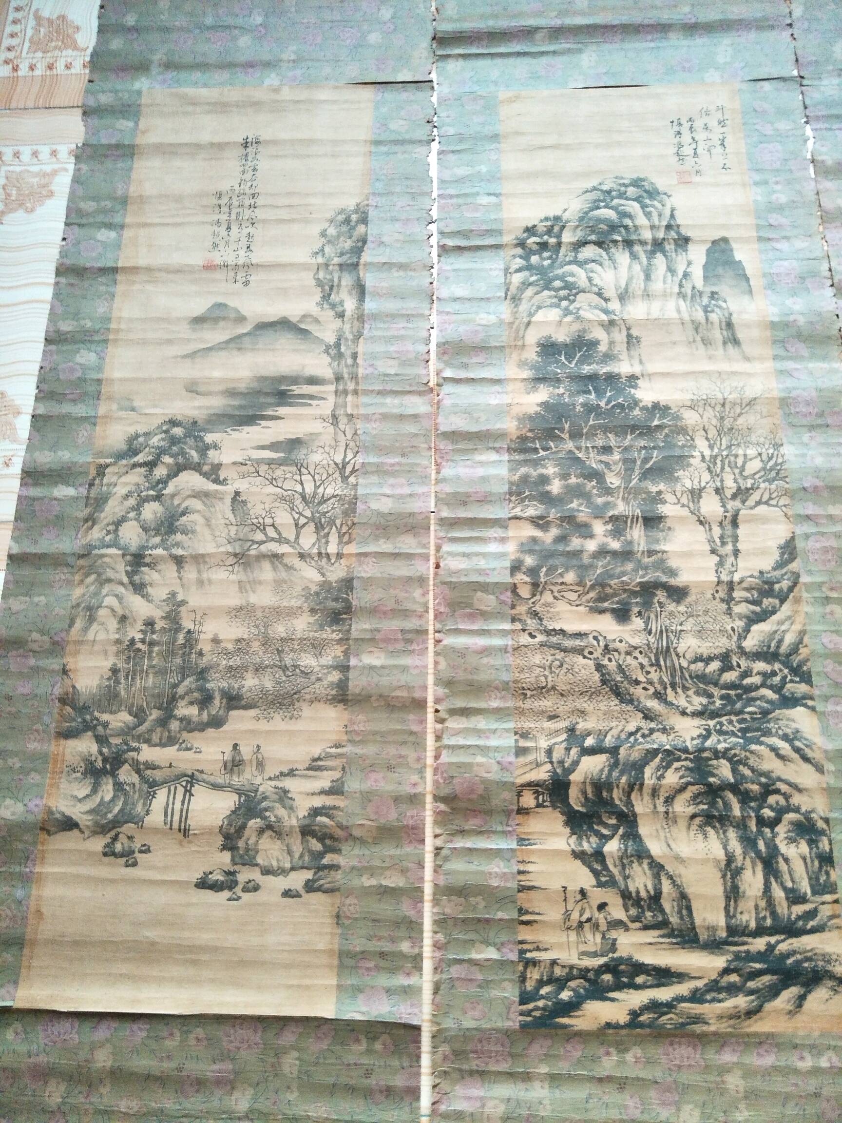 山水画四扇屏,农村所收,实物拍