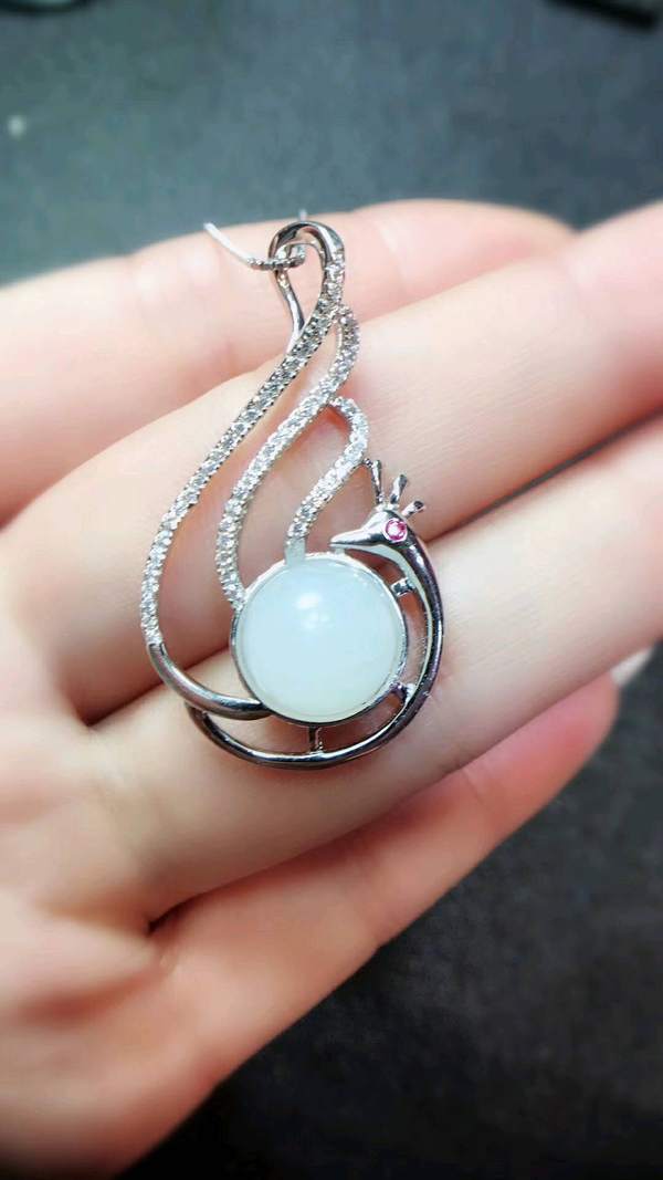 737373天然和田白玉圆珠吊坠s925银镶嵌老