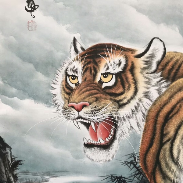 国画上山虎,画老虎图客厅镇宅风水画,尺寸170*7