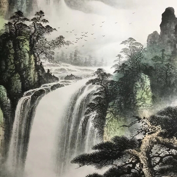 国画山水画靠山聚宝盆招财卷轴挂画旭日东升尺寸17