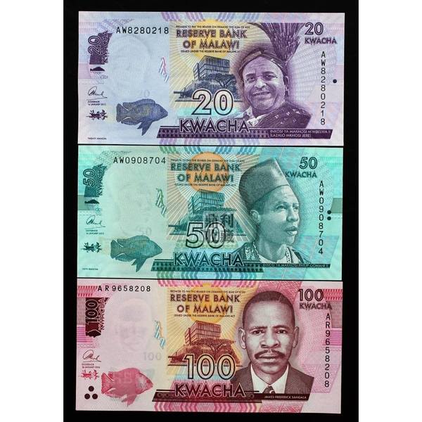 全新保真马拉维全套3张20-100国外非流通退市收