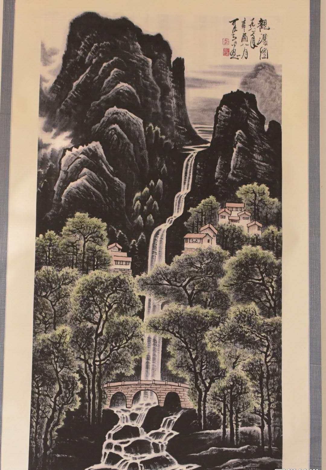李可染《观瀑图》宣纸卷轴挂画中