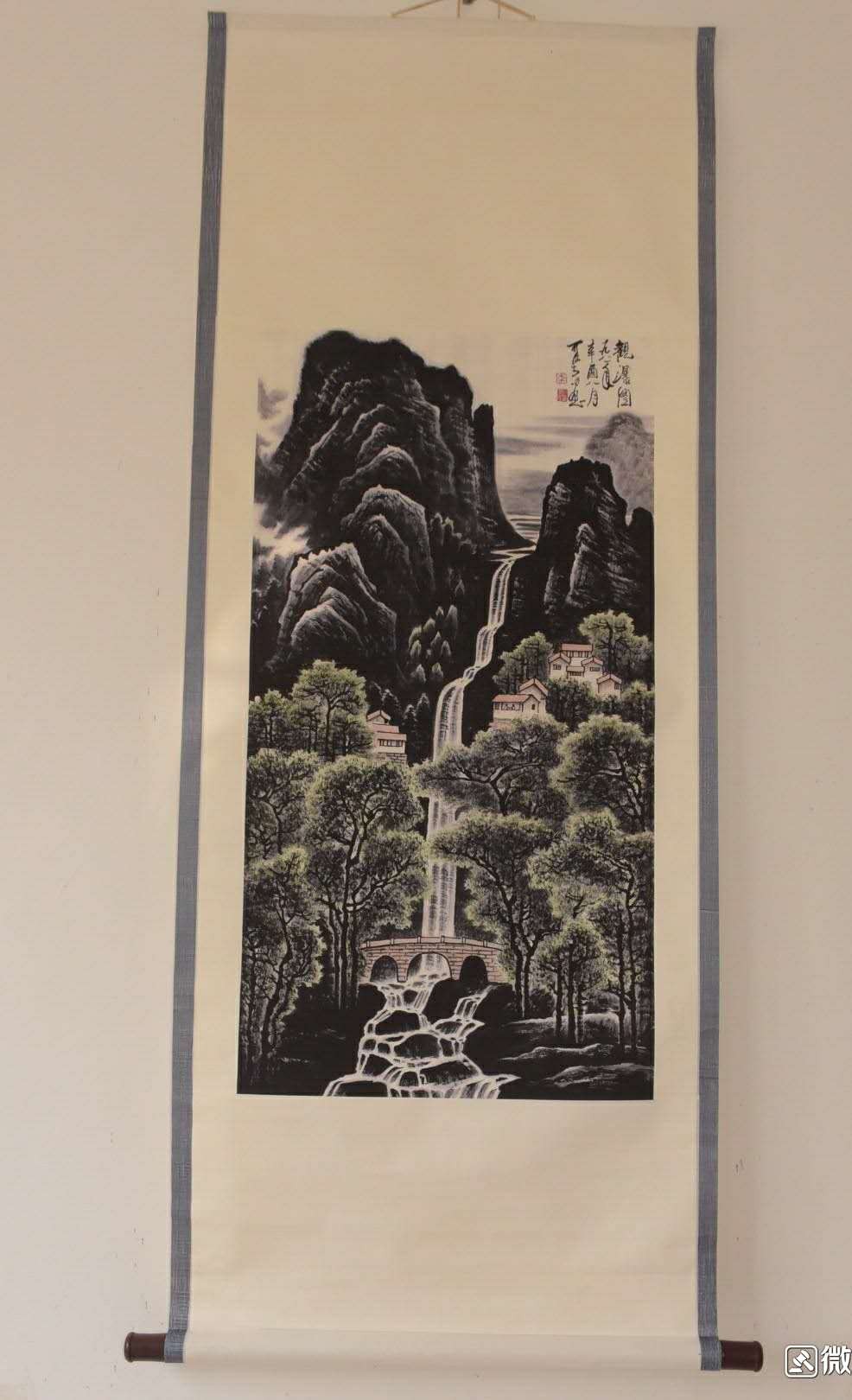 李可染《观瀑图》宣纸卷轴挂画中