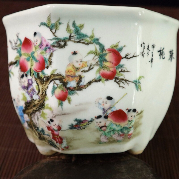 粉彩九子攀桃图纹六方花盆高10cm宽137cm