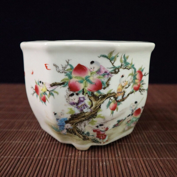 粉彩九子攀桃图纹六方花盆高10cm宽137cm