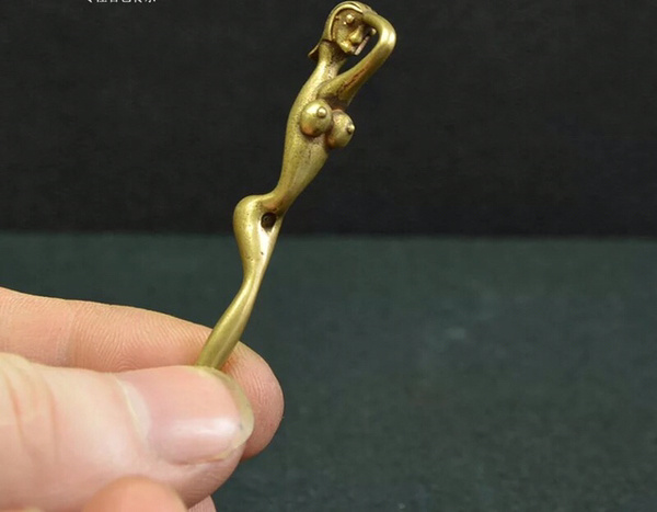 古玩铜器铜挖耳勺美女形耳勺子铜钥匙扣黄铜铸造个性复