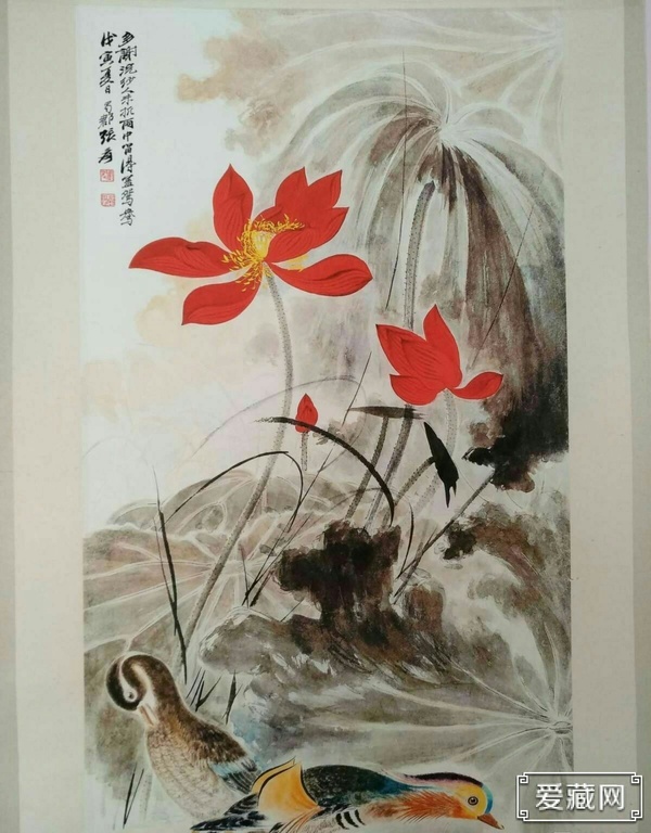 张大千荷花鸳鸯宣纸卷轴挂画中堂画宽约06米