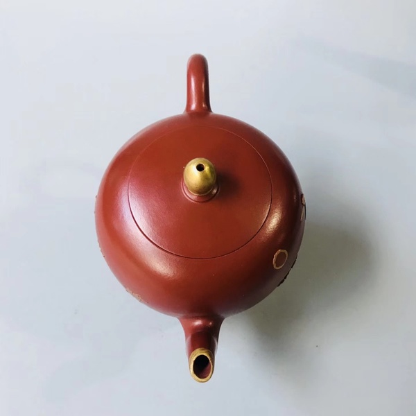 正品紫砂鎏金仙鹤紫砂茶壶作者:陈朱红材质:朱砂容量